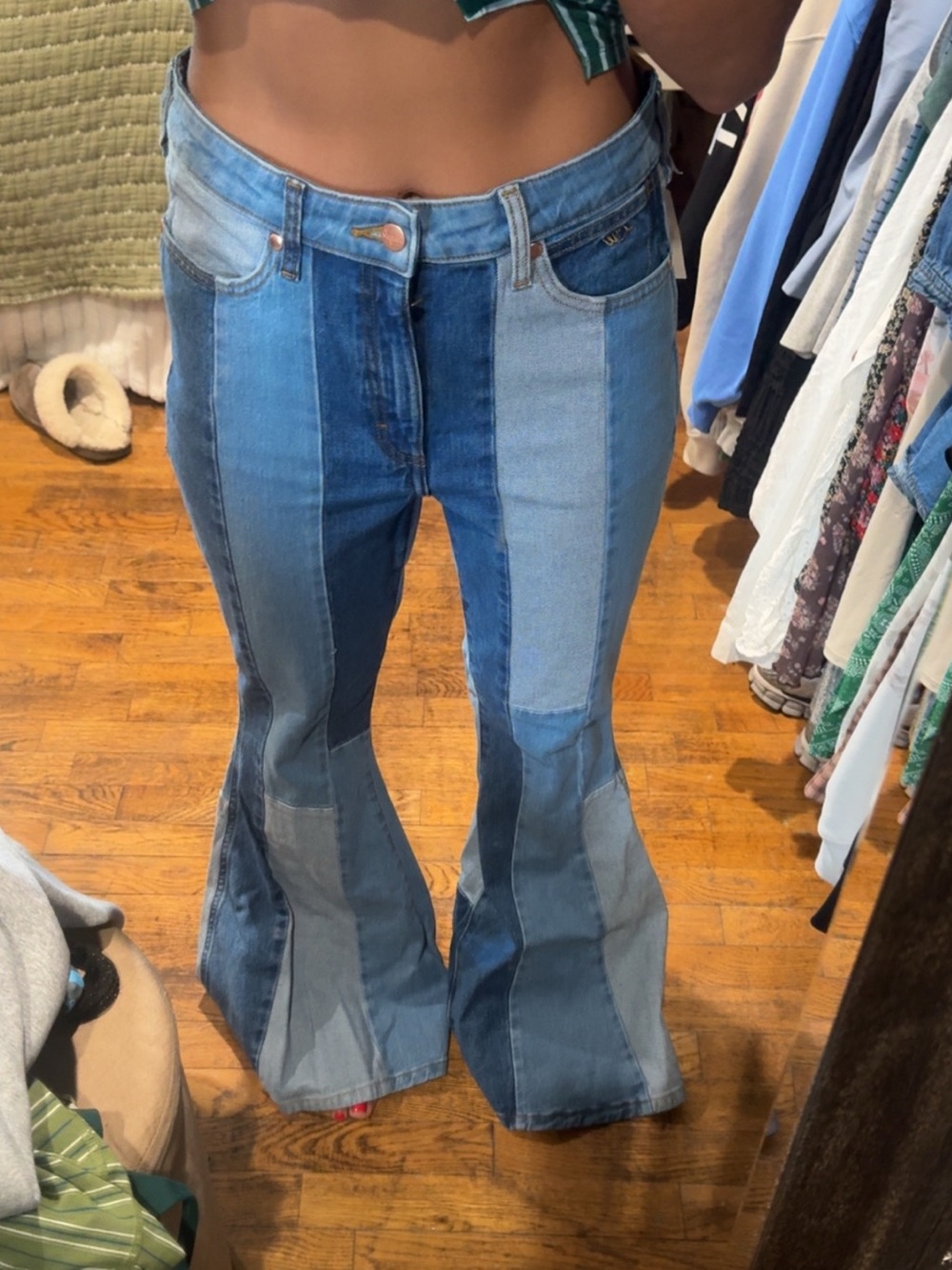 Wrangler Patchwork Flare Jeans in Mixed Blue Tones